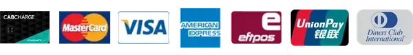 Accepted Payment Methods - Cabcharge, Mastercard, Visa, American Express, eftpos, UnionPay, Diners Club